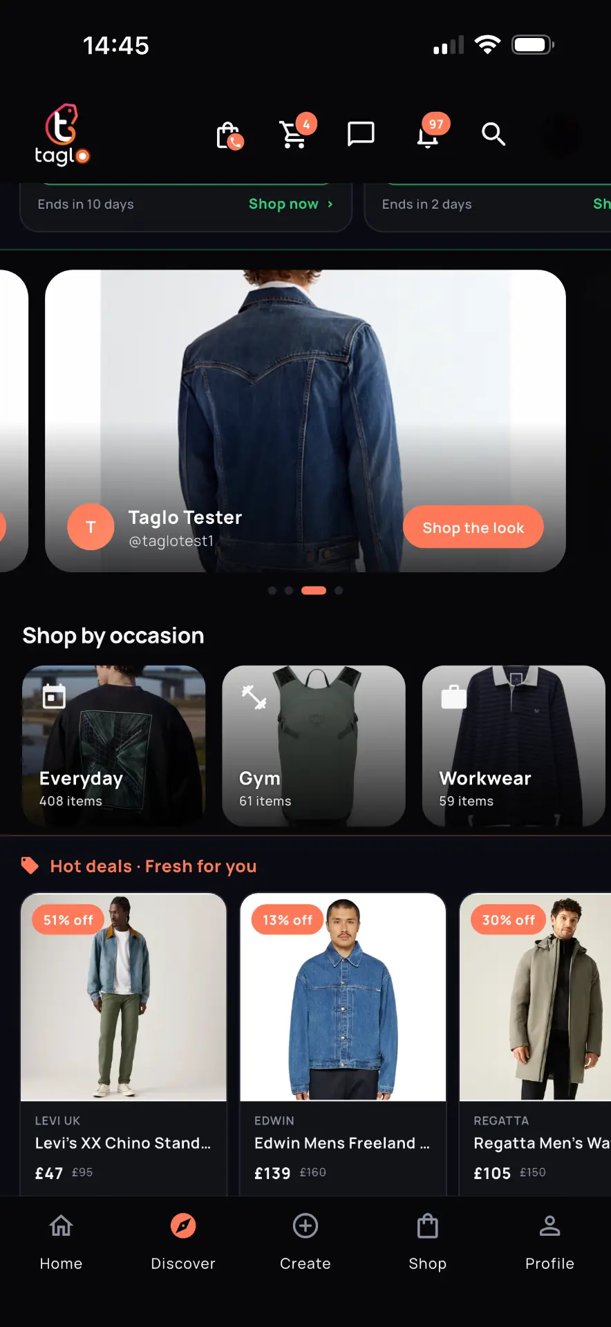 Real Taglo Discover screen showing fresh deals and live prices