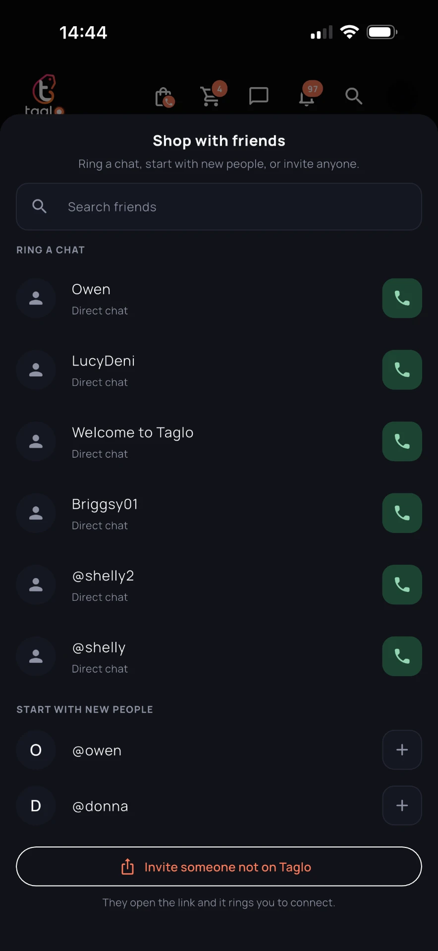 Taglo shop with friends invitation and chat list